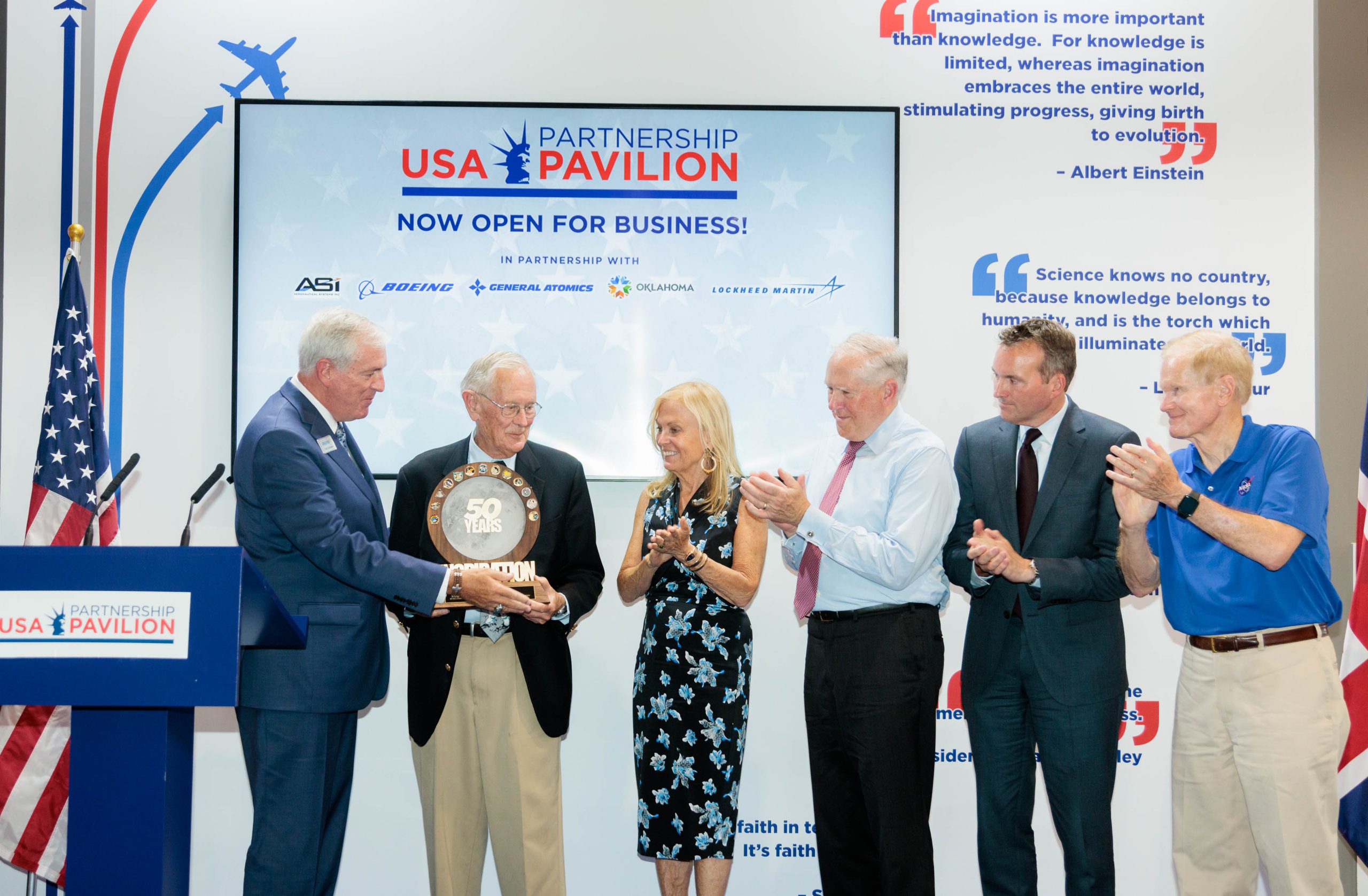 Pictured (L to R): Tom Kallman, Apollo 16 Astronaut Charlie Duke, Ambassador Jane Hartley, Secretary Frank Kendall, Eric Fanning, and Senator Bill Nelson