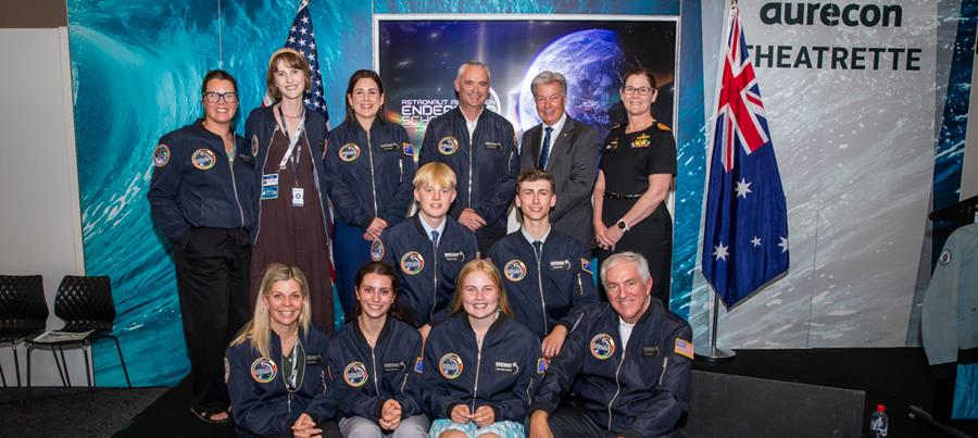 Astronaut Al Worden Endeavour Scholarship winners and organizers at the Mission Team 13 presentation at Indo Pacific 2023 today.
