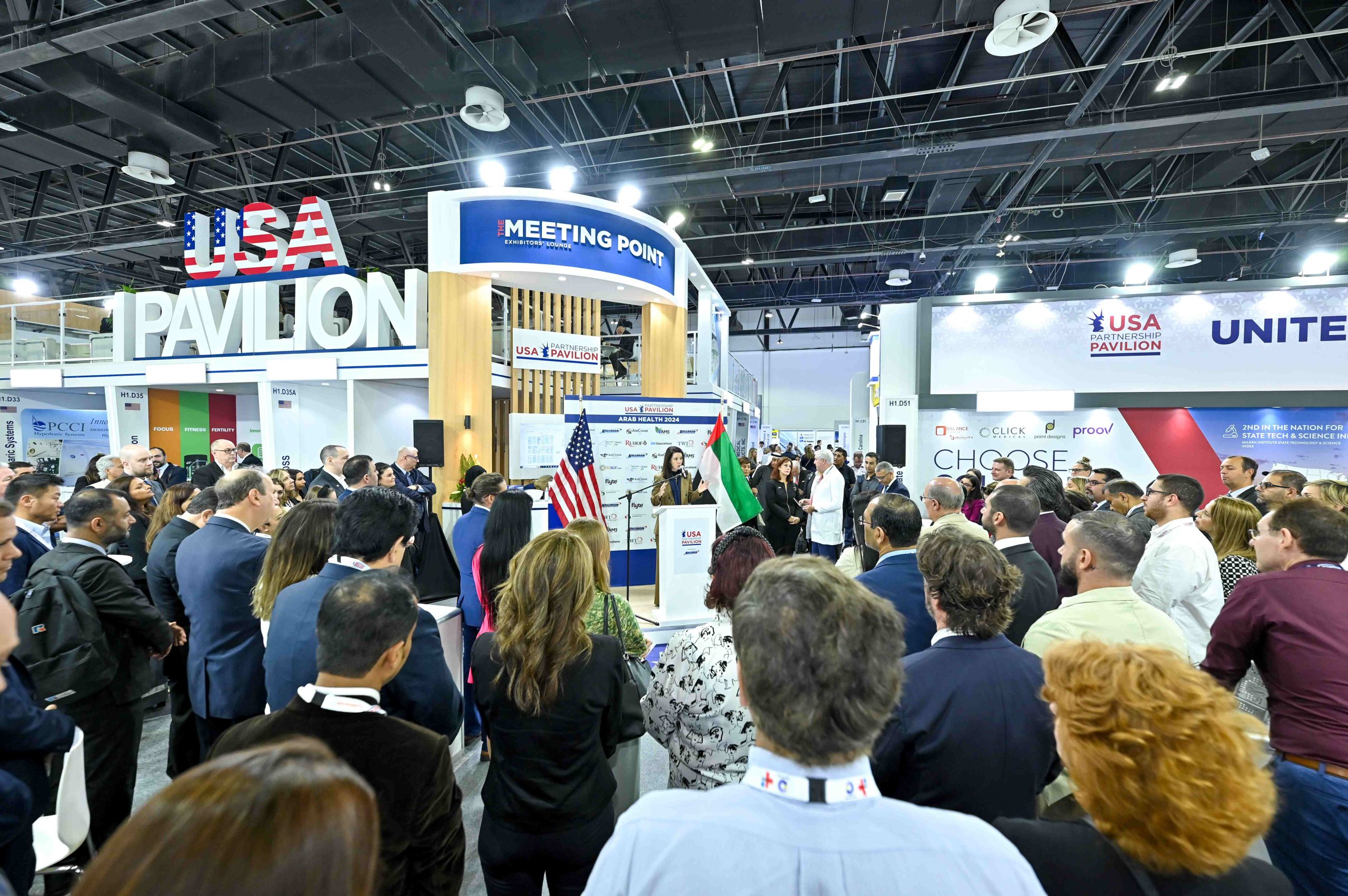 The Honorable Meghan Gregonis, U.S. Consul General in Dubai, sharing opening remarks at the USA Partnership Pavilion Opening Ceremony at Arab Health 2024. The USA Partnership Pavilion Opening Ceremony at Arab Health 2024 was well attended by U.S. exhibitors, trade visitors, industry personnel, distinguished guests, and VIPs.