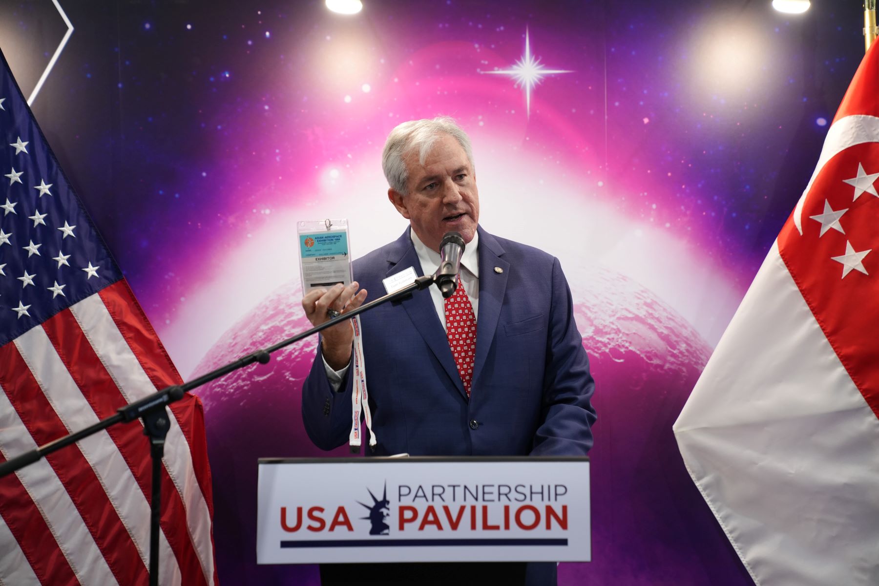 Tom Kallman, President & CEO of Kallman Worldwide, Inc., U.S. Organizer at Singapore Airshow 2024, sharing opening remarks at the Official USA Partnership Pavilion Opening Ceremony